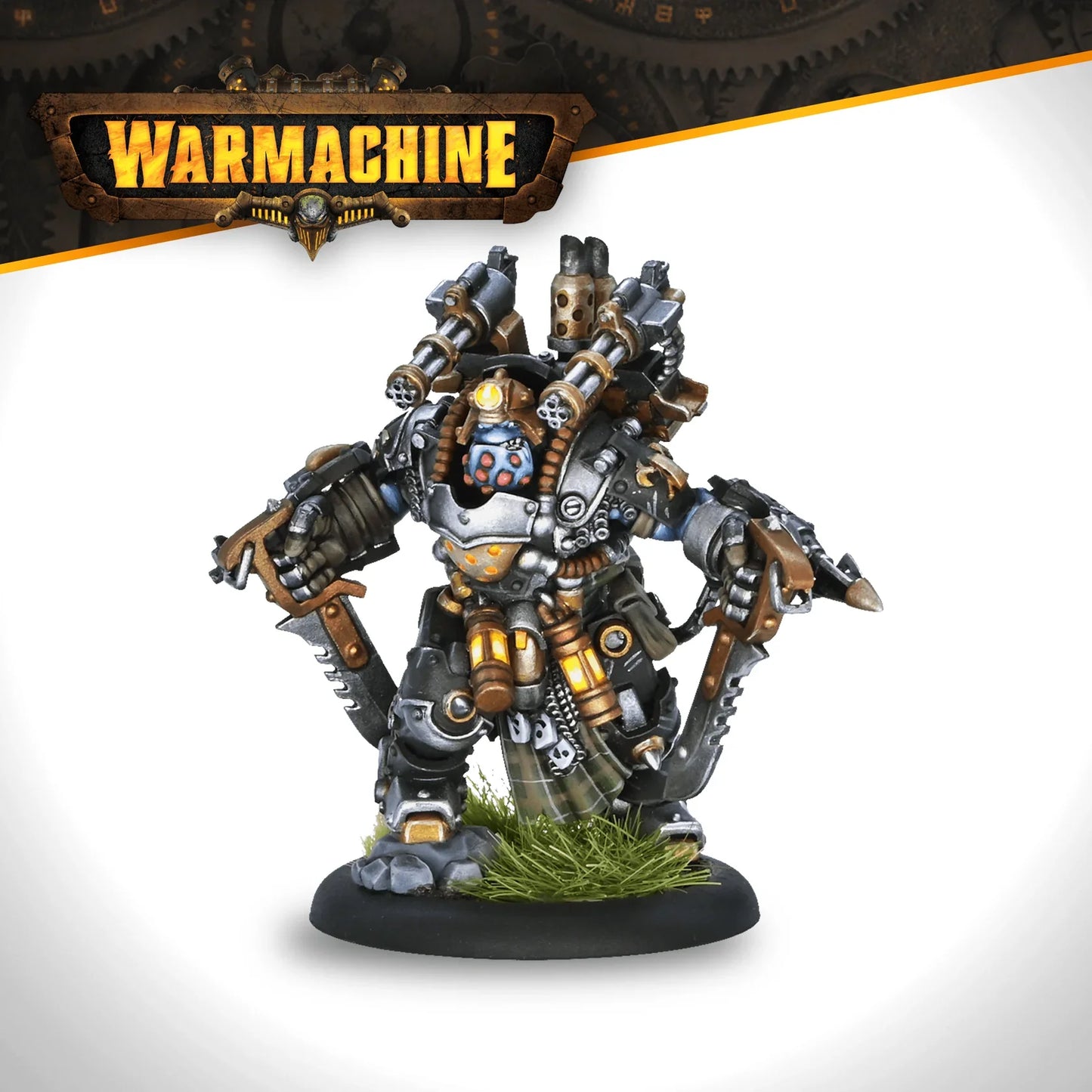 Mechanical warrior figurine with 'Warmachine' logo in the background