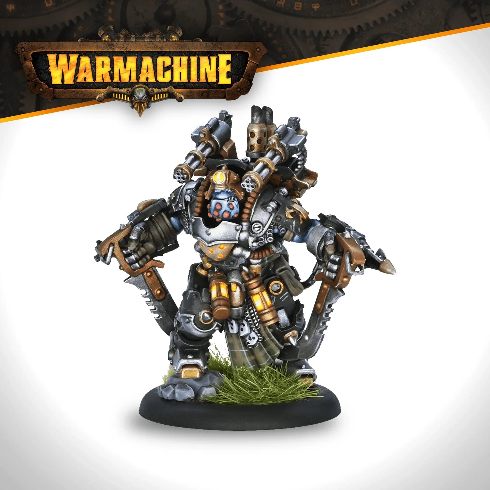 Mechanical warrior figurine with 'Warmachine' logo in the background