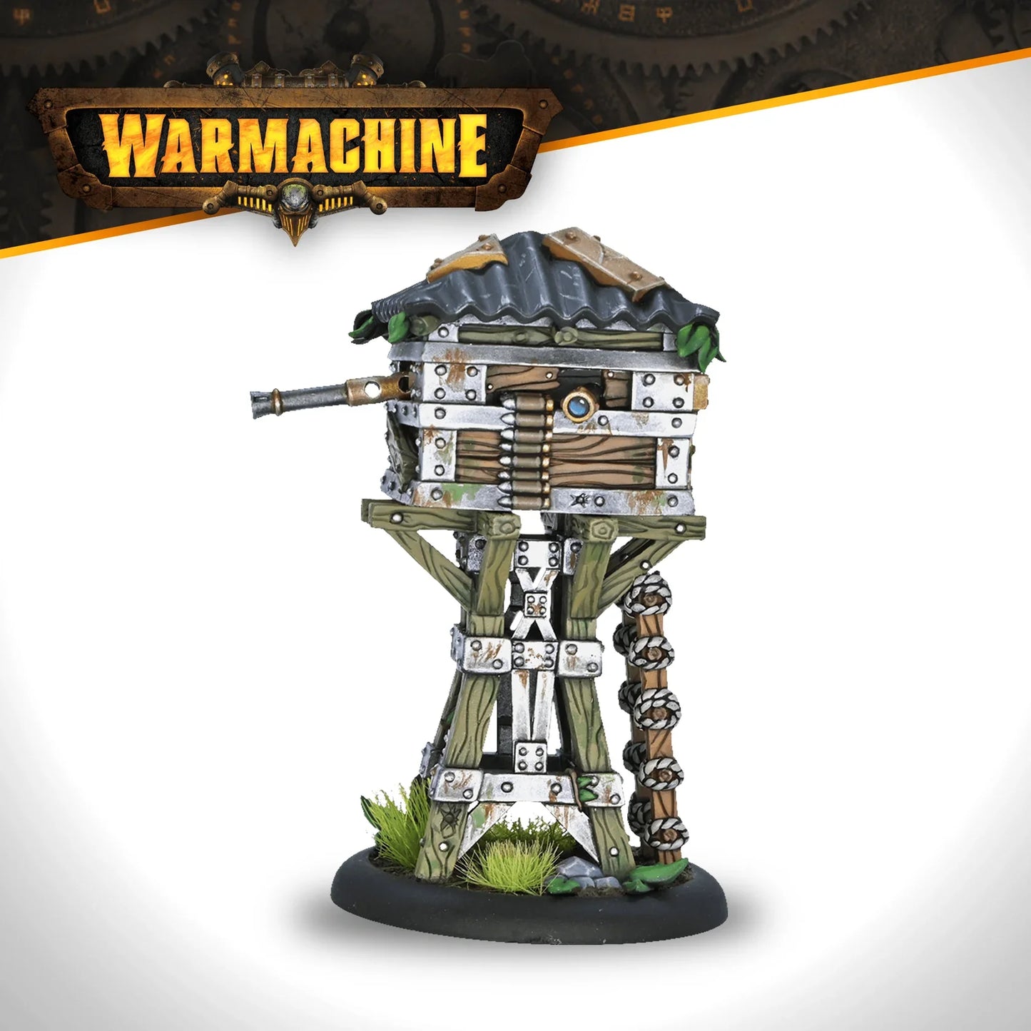 Model of a fortified tower with intricate details on a white background, featuring the Warmachine logo.