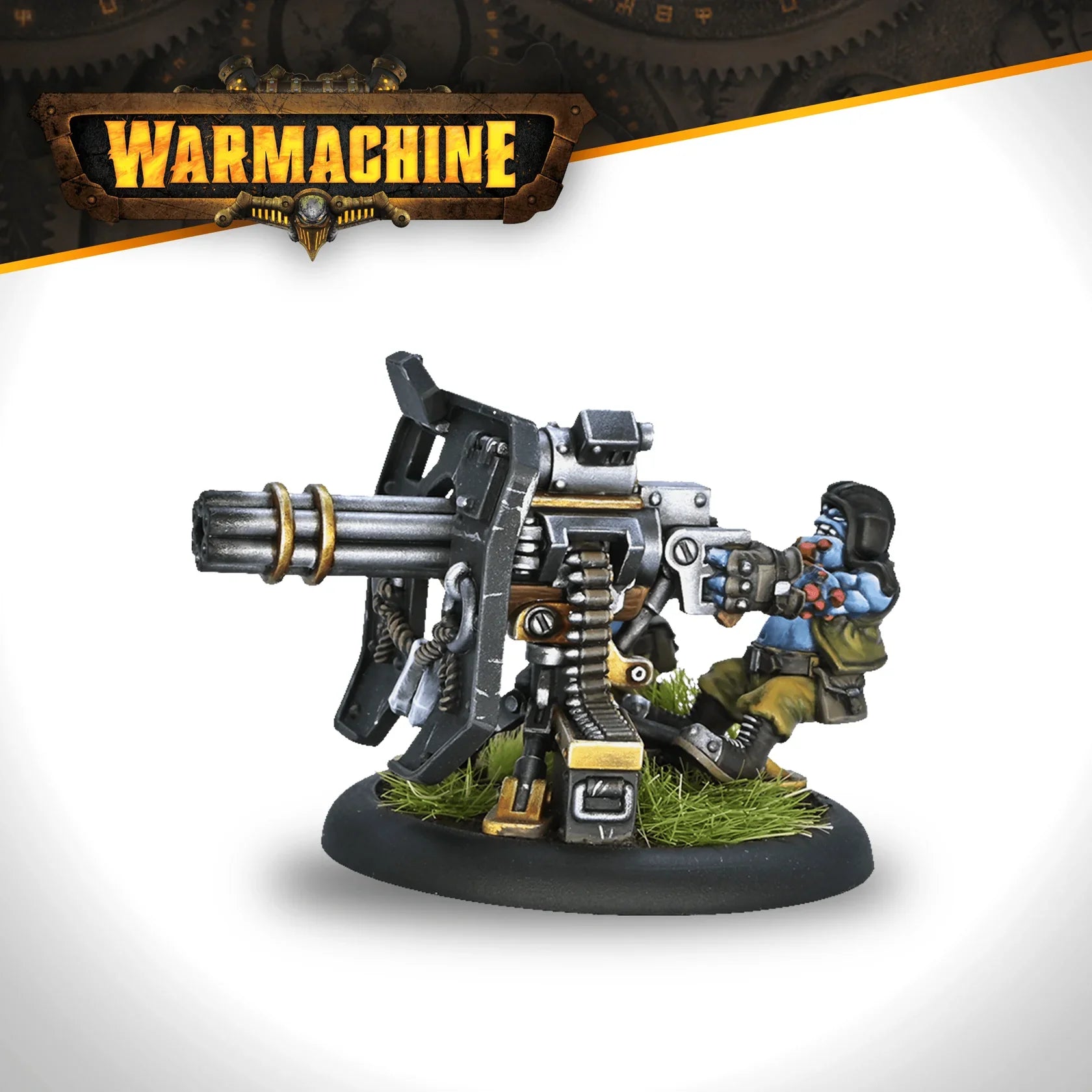 Warhammer 40K model with large weapon and character, branded 'Warmachine'.