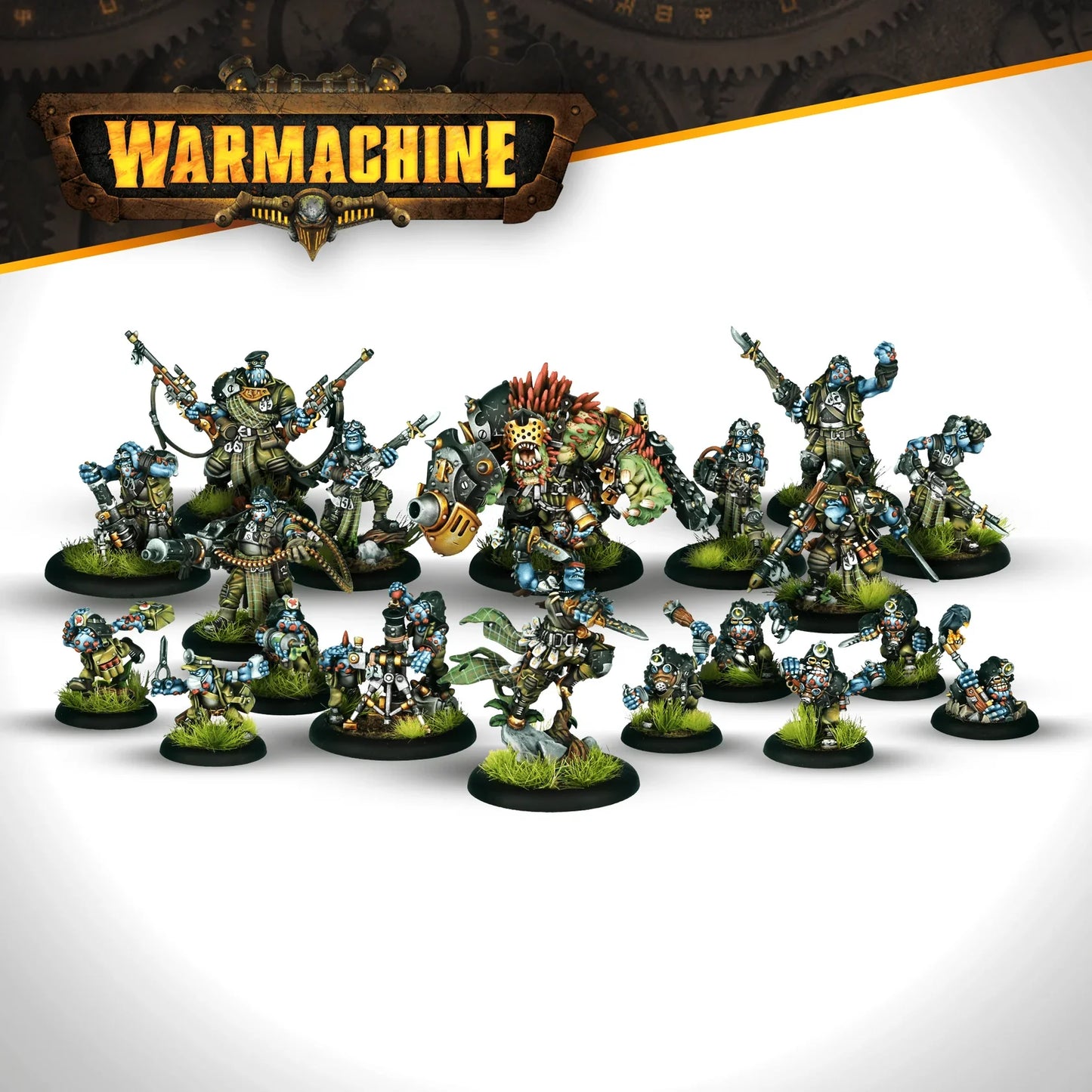 Collection of Warhammer figurines with 'Warmachine' logo above on a white background