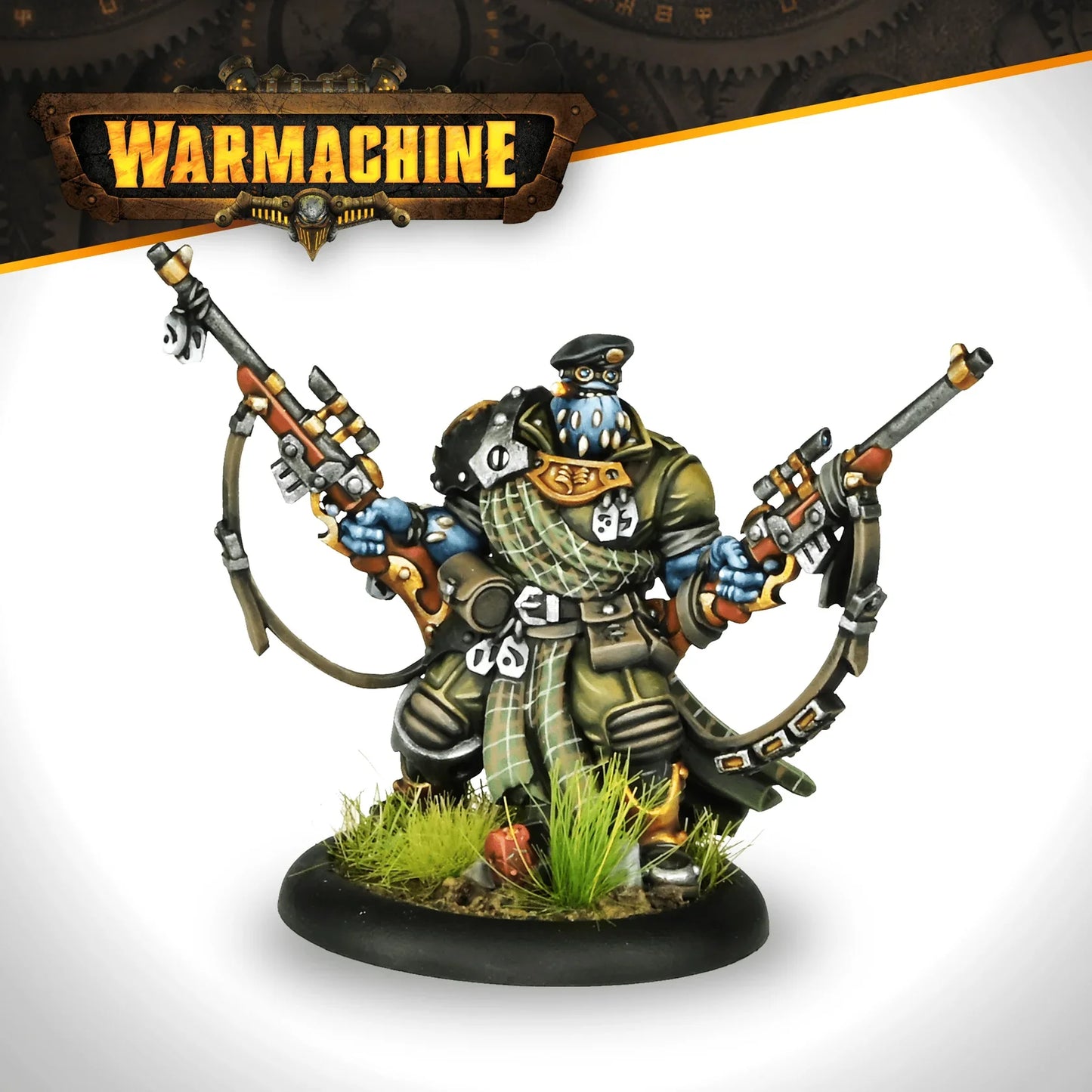 Warhammer figurine with 'Warmachine' logo in the background