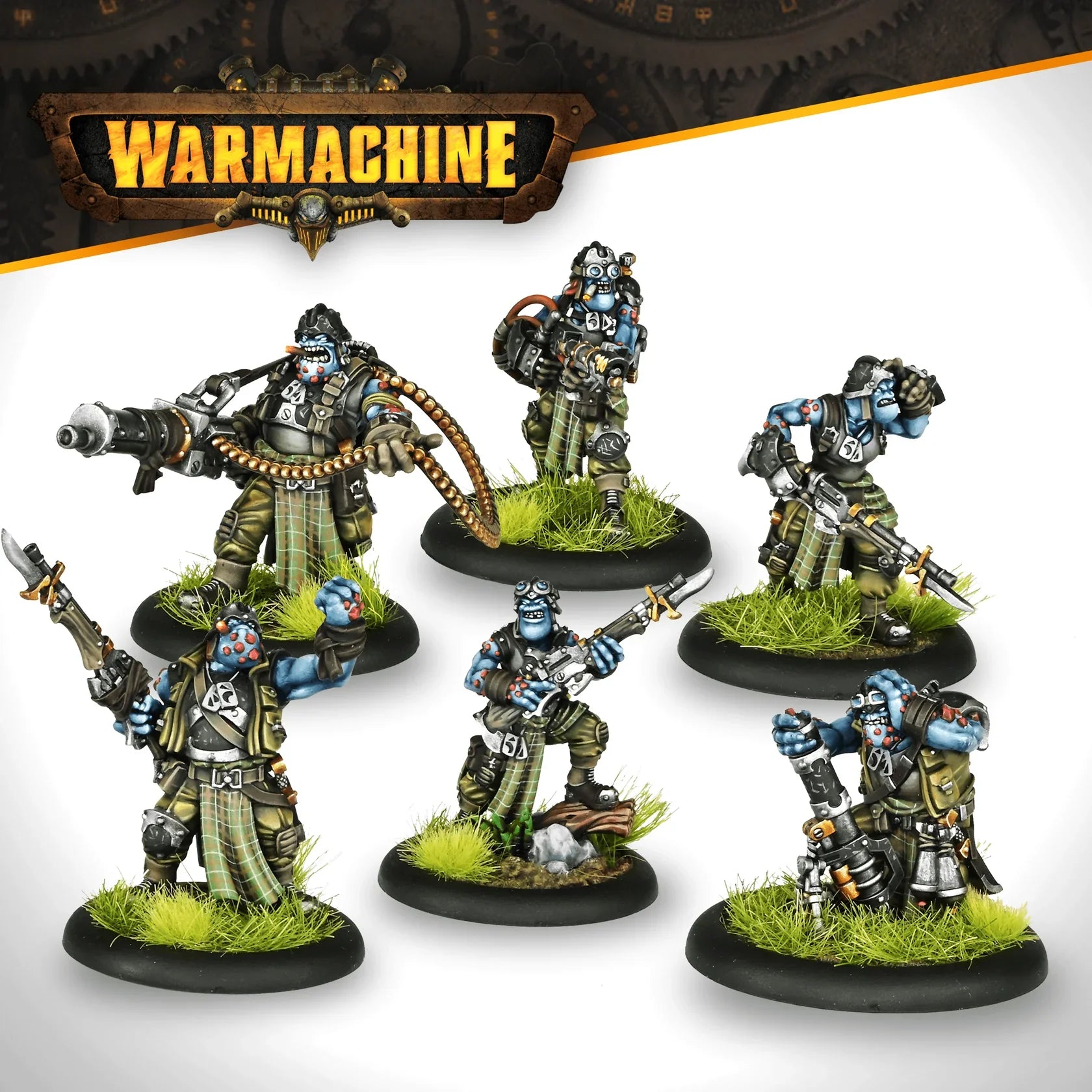 Five painted miniatures from the Warmachine game series on a white background with the Warmachine logo above.
