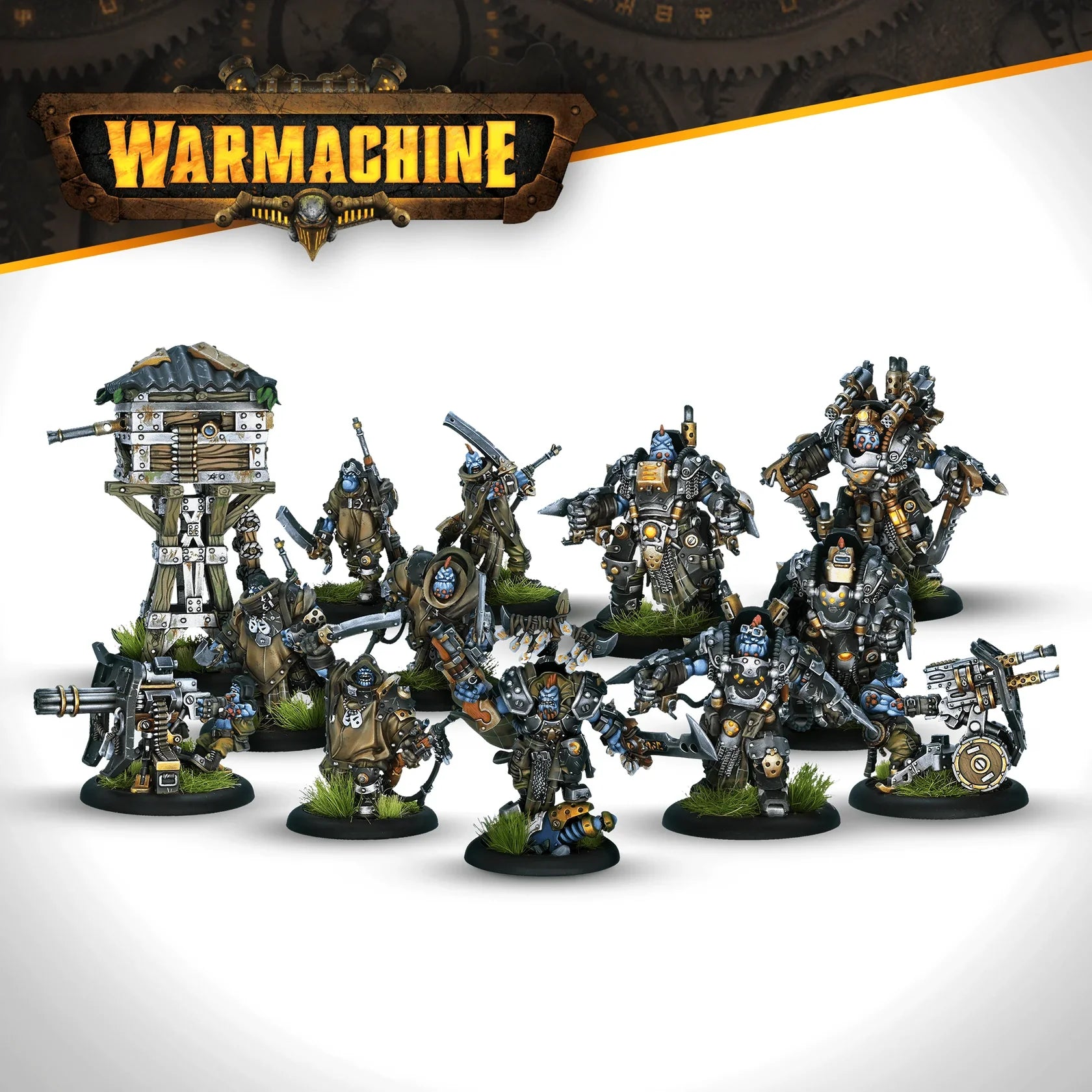 Warhammer 40k Warmachine miniatures on a white background with the Warmachine logo above.