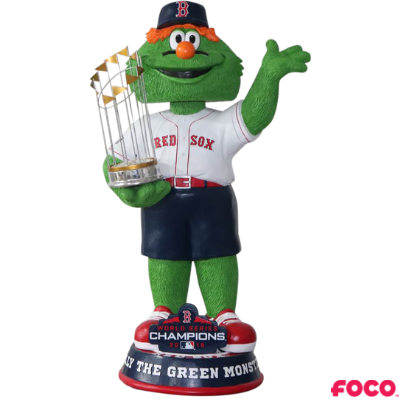 Green mascot figurine of a baseball player holding a trophy with 'FOCO' branding.