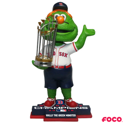 Bobblehead of a red sox baseball player holding a trophy with 'FOCO' branding on a white background
