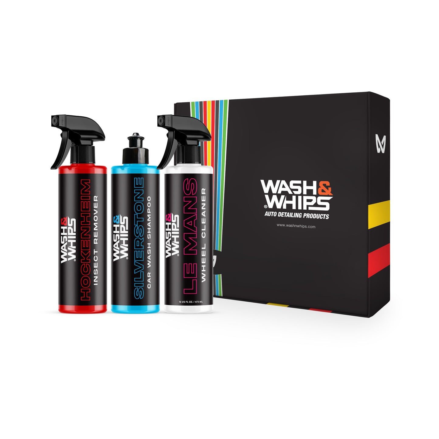 Set of Wash & Whips car care products including bottles and a branded box on a white background.