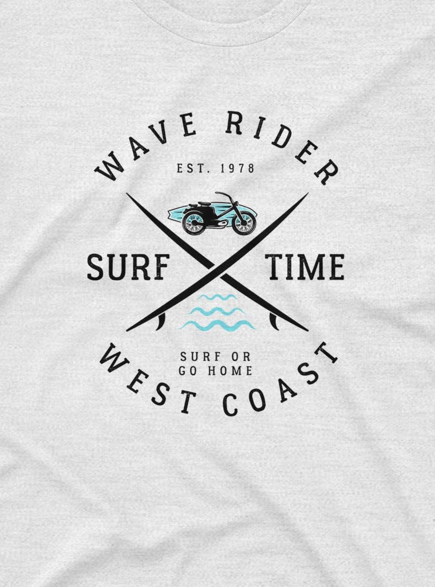 White t-shirt with black and blue graphic design featuring text and a motorcycle icon.