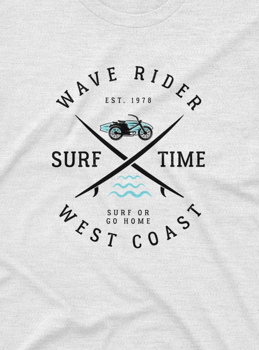 White t-shirt with black and blue graphic design featuring text and a motorcycle icon.