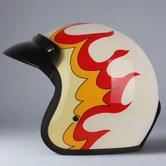 Helmet with flame design on a gray background