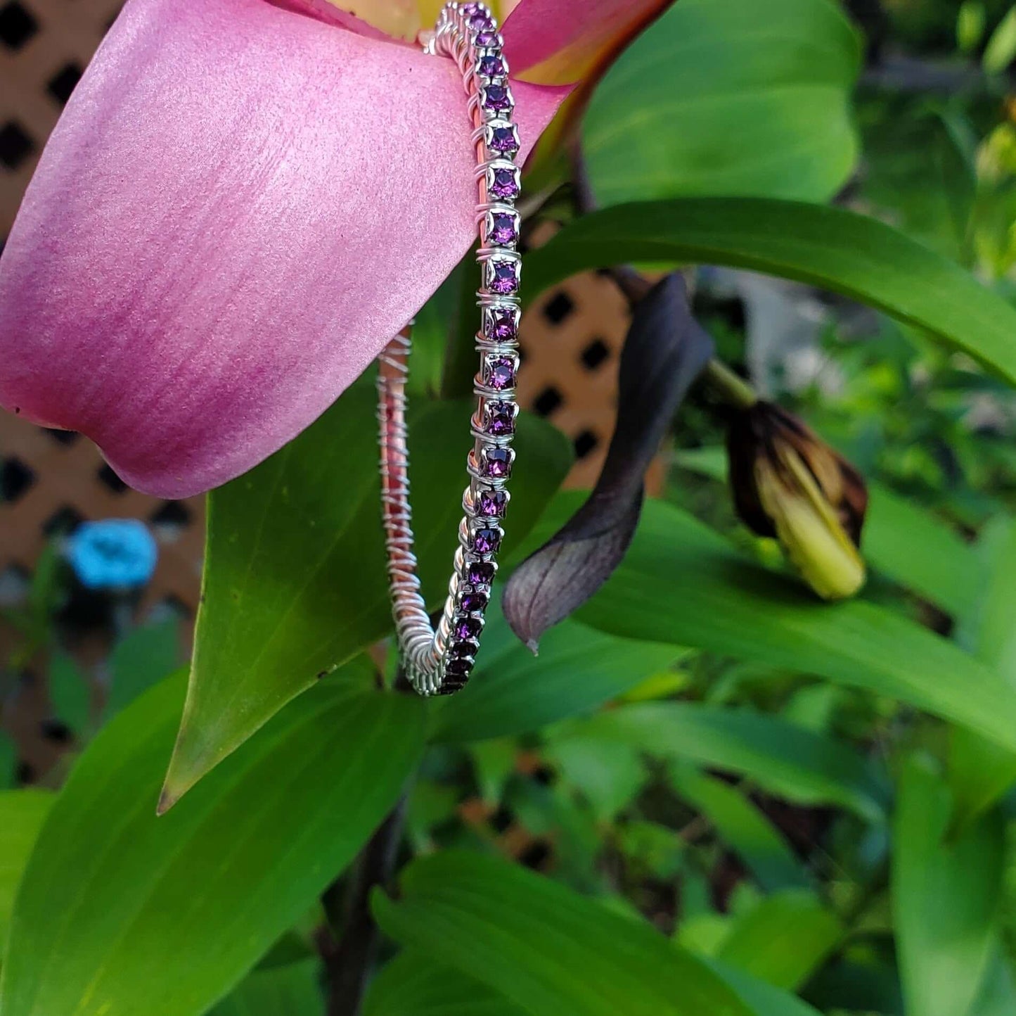 Wire Wrapped Amethyst Crystal Tennis Bracelet Bangle