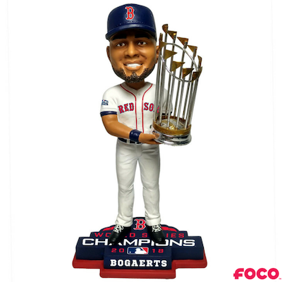 Bobblehead of a red sox baseball player holding a trophy with 'FOCO' branding on a white background