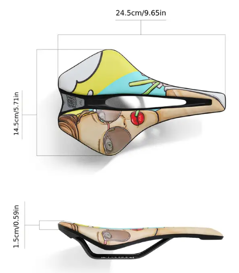 Colorful bicycle saddle with dimensions on a white background