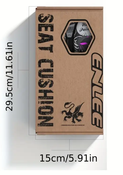 Cardboard packaging of a seat cushion with dimensions and brand logo.