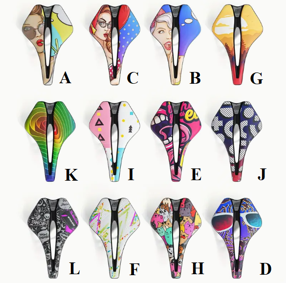 Colorful bicycle seat covers with various artistic designs on a white background.
