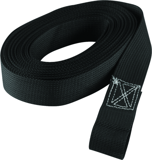 Black tow strap with a white stitching on a white background