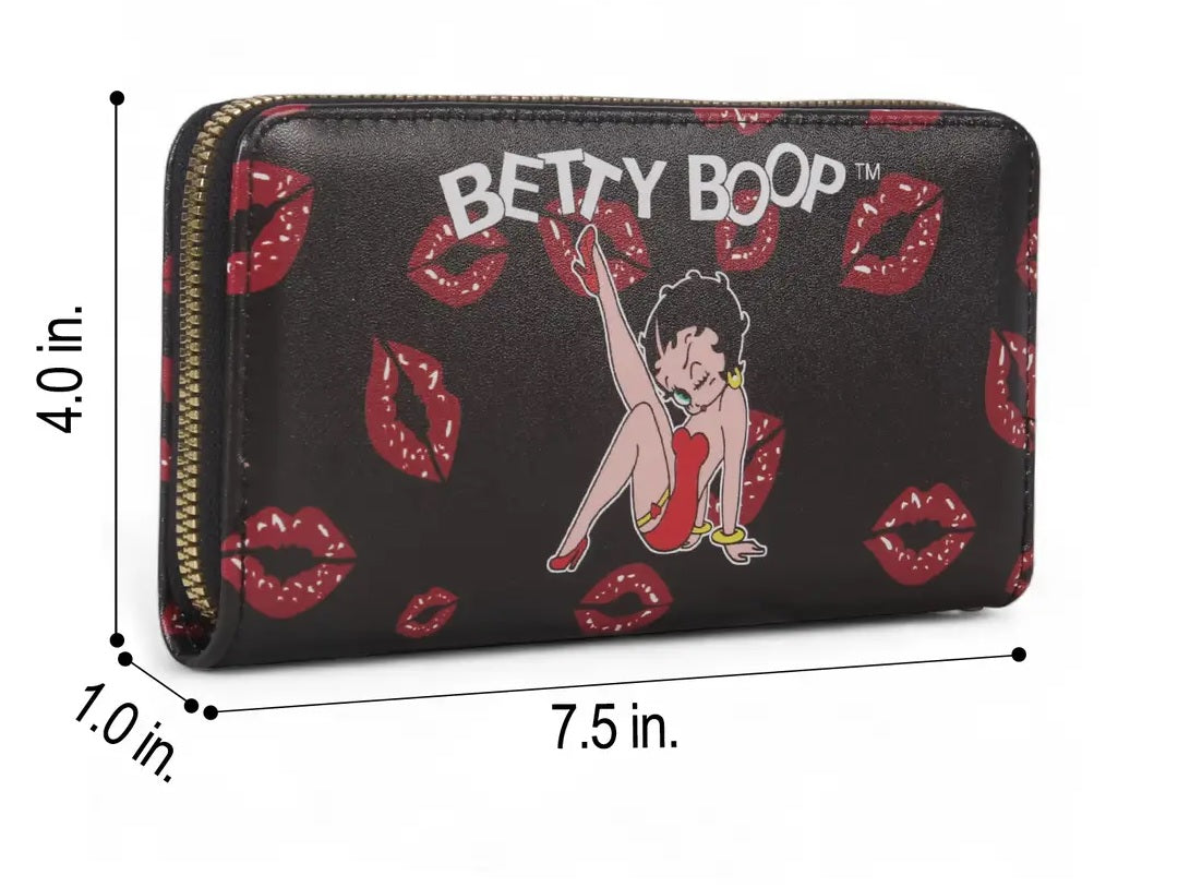 A Betty Boop zip-around wallet shown on a white background with dimension lines indicating 4.0 inches tall, 7.