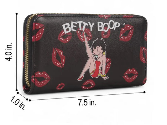 A Betty Boop zip-around wallet shown on a white background with dimension lines indicating 4.0 inches tall, 7.