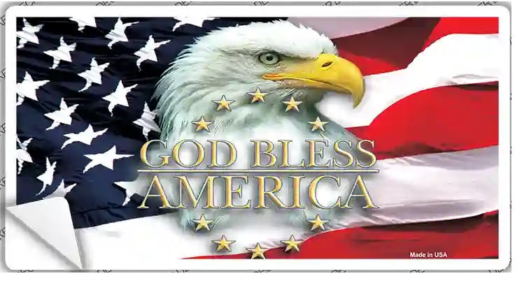 Bald eagle with American flag and 'God Bless America' text.  God Bless America Eagle with Flag Bumper Sticker