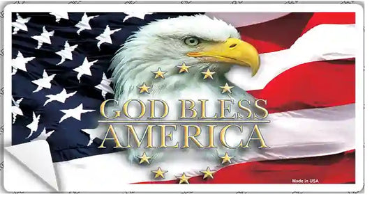Bald eagle with American flag and 'God Bless America' text.  God Bless America Eagle with Flag Bumper Sticker