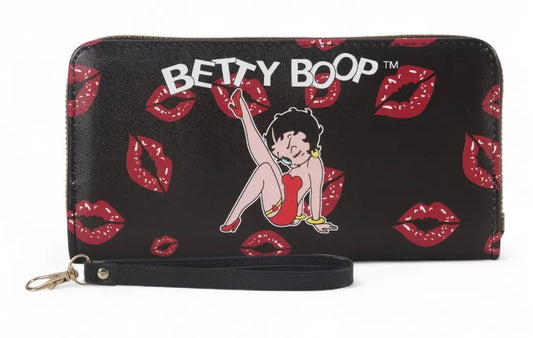 A black zip-around wallet featuring a red and white Betty Boop print, complete with a wrist strap and metal clasp, set against a plain white background.