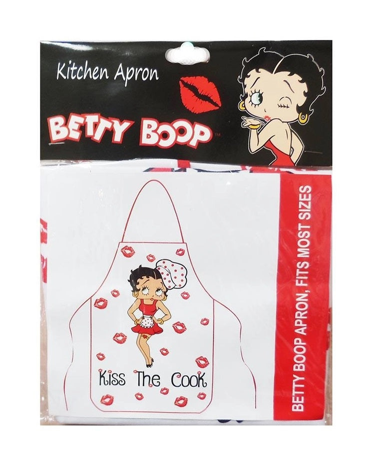 Betty Boop kitchen apron in retail packaging, featuring a white apron with red lip prints and a Betty Boop character illustration, with a black header card and red side panel.