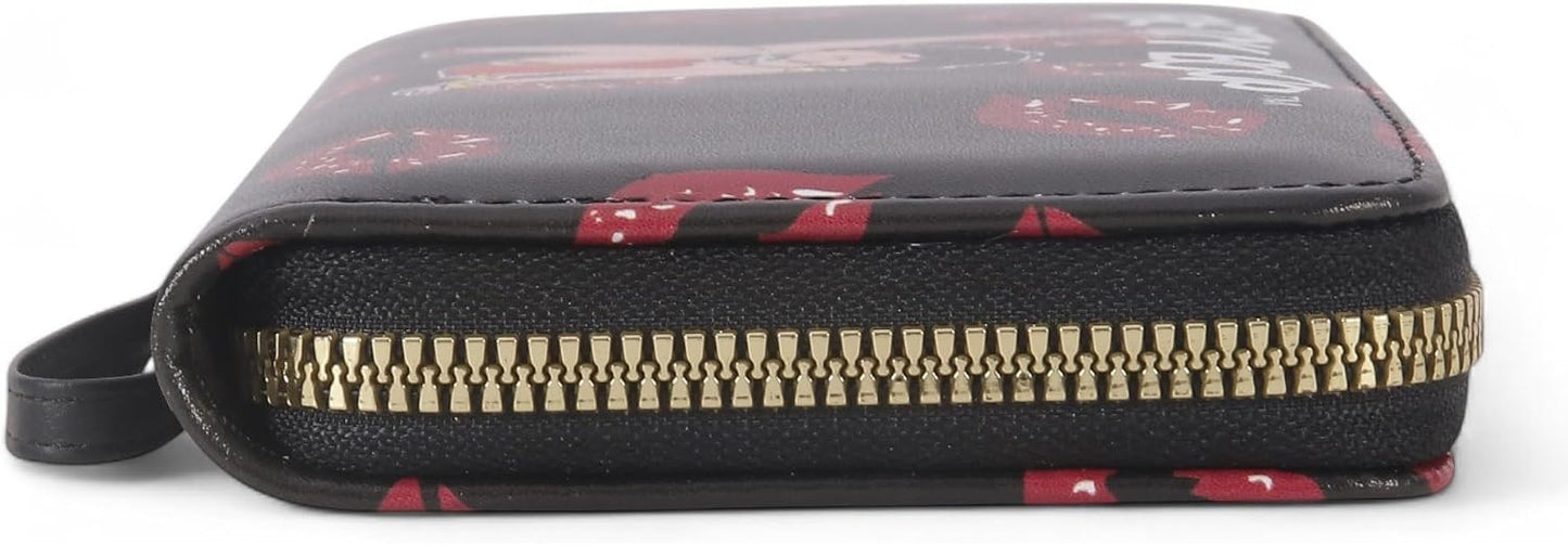A black zippered pouch wallet featuring a red and white patterned top flap and a gold-tone zipper, shown against a plain white background.