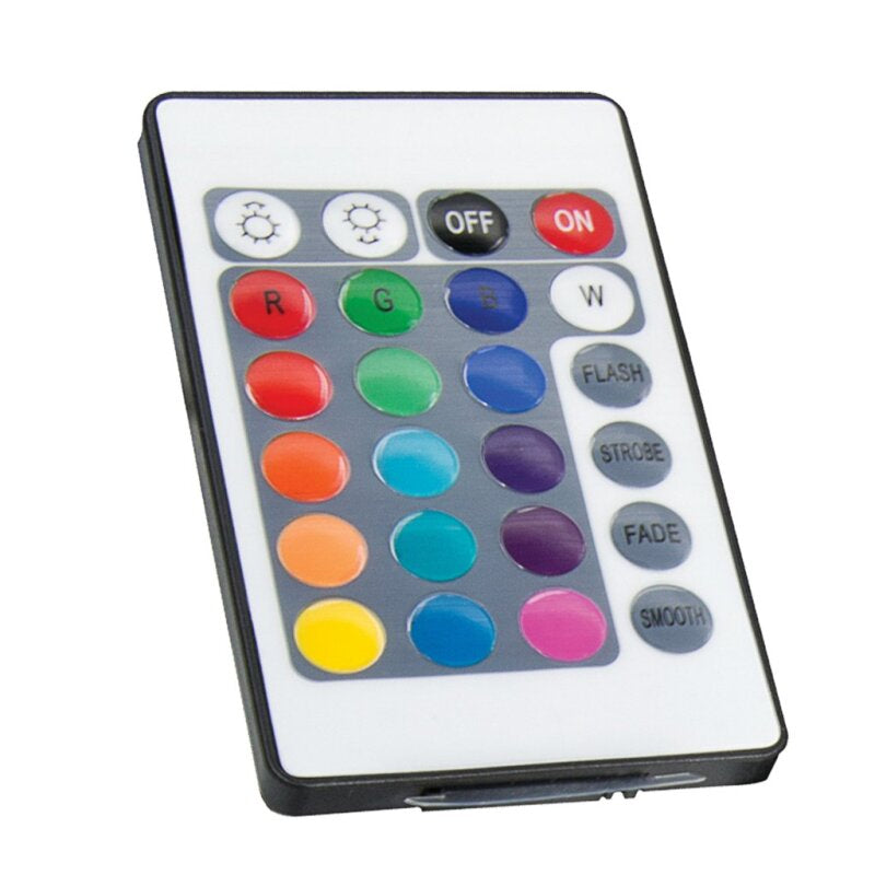 Remote control with color-changing buttons on a white background