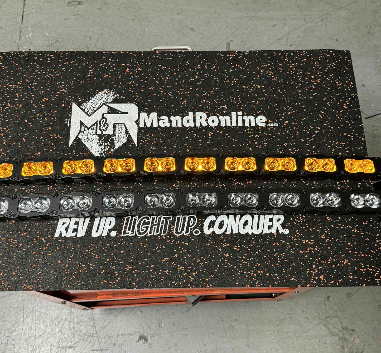 LED light bar with 'MandRonline' branding on a black surface.