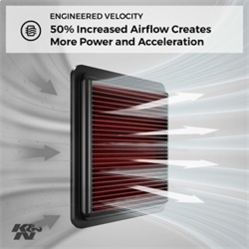 K&N air filter with airflow illustration and text about increased airflow and power.