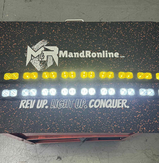 Light-up sign with 'MandR online' branding and motivational text on a dark background.