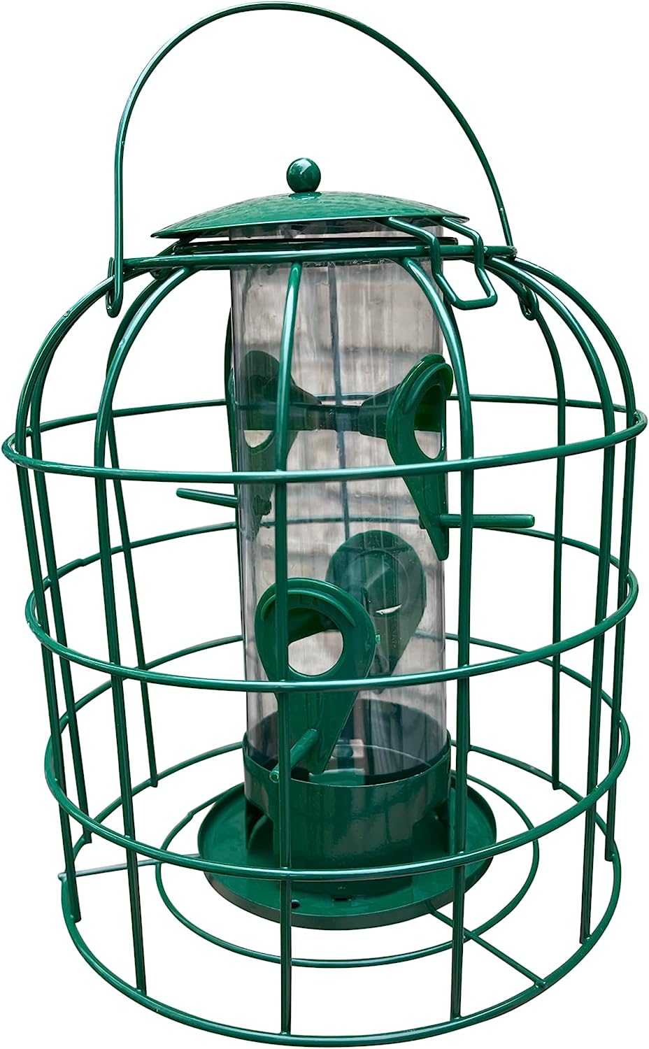 Green bird feeder with cage on a white background