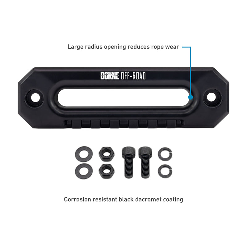 Black Borne Off-Road winch component with hardware on a white background