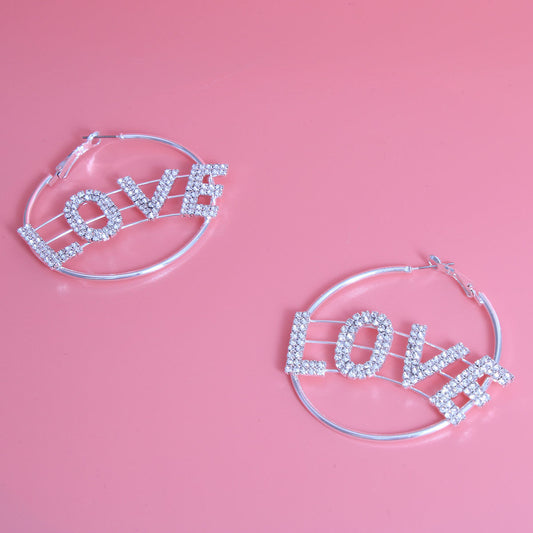 Rhinestone LOVE Silver Hoops