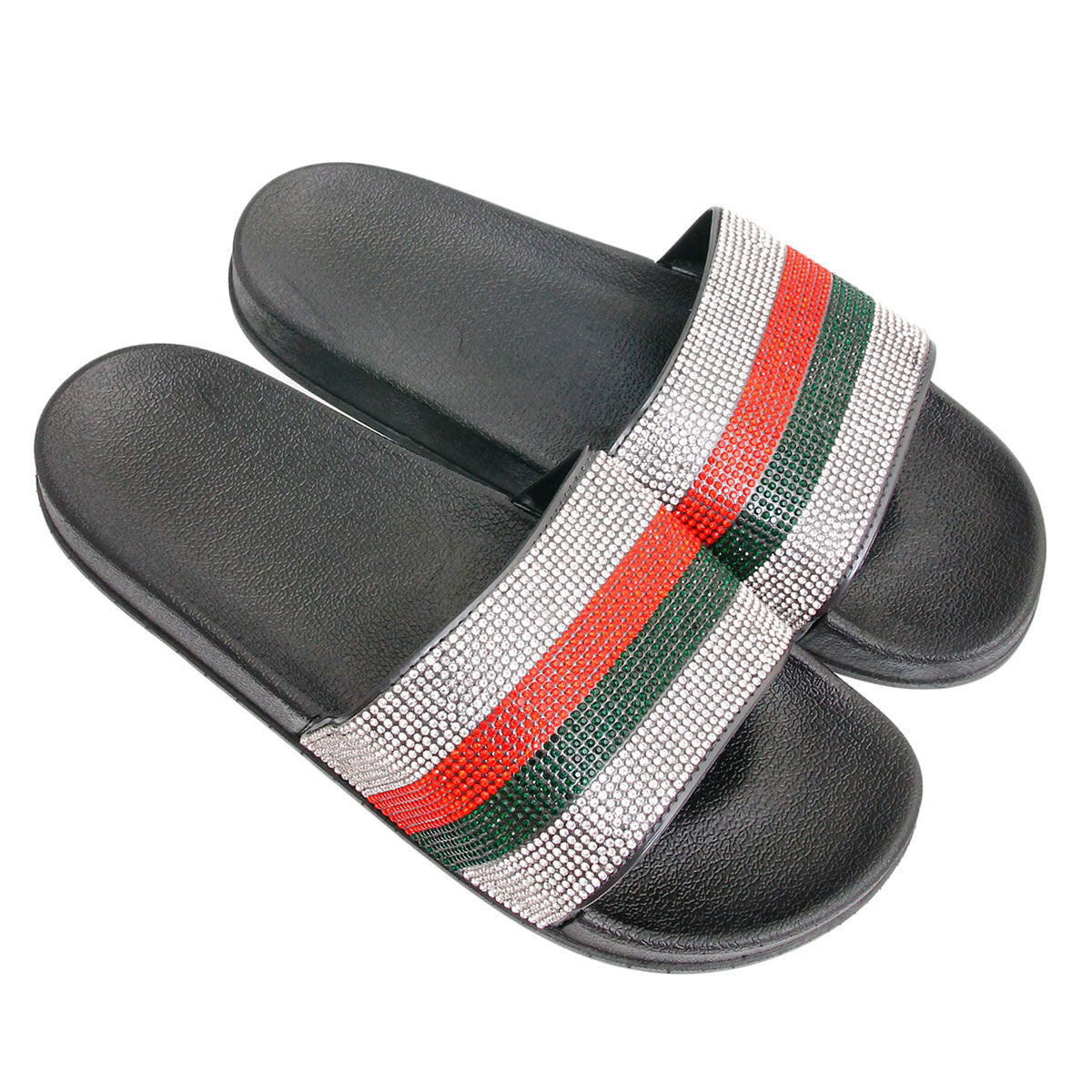 Red and Green Size 8 Designer Black Slides