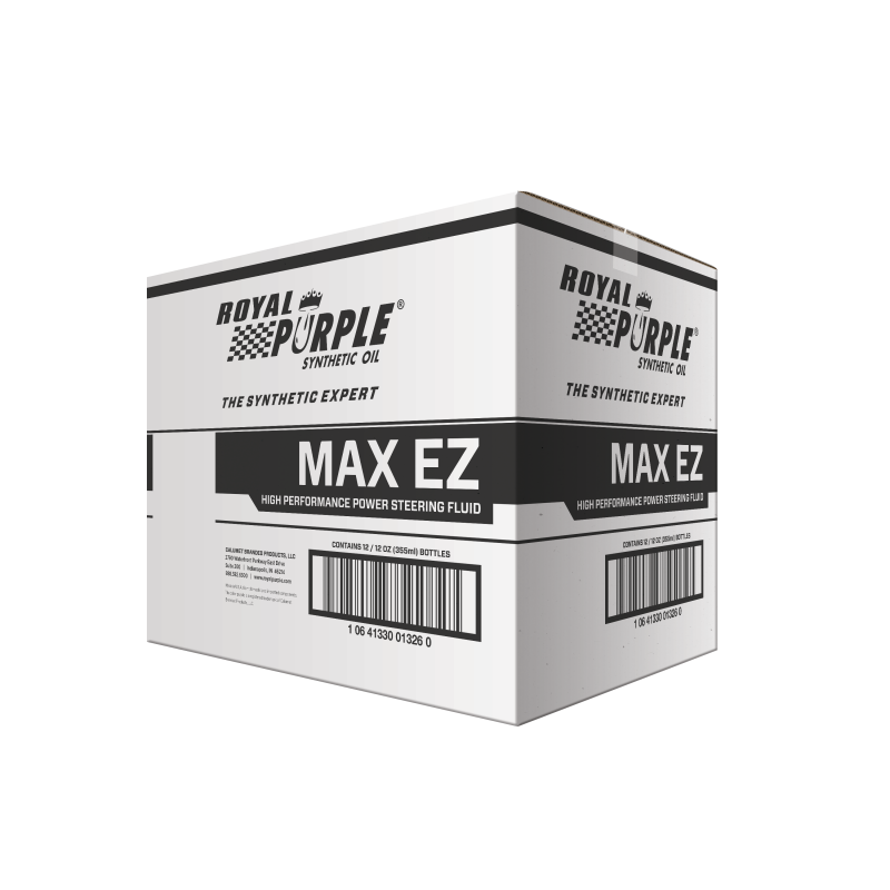 Box of Royal Purple MAX EZ high performance power steering fluid on a white background