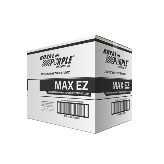 Box of Royal Purple MAX EZ high performance power steering fluid on a white background