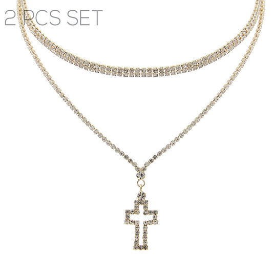 Gold Rhinestone Cross 2 Choker Set