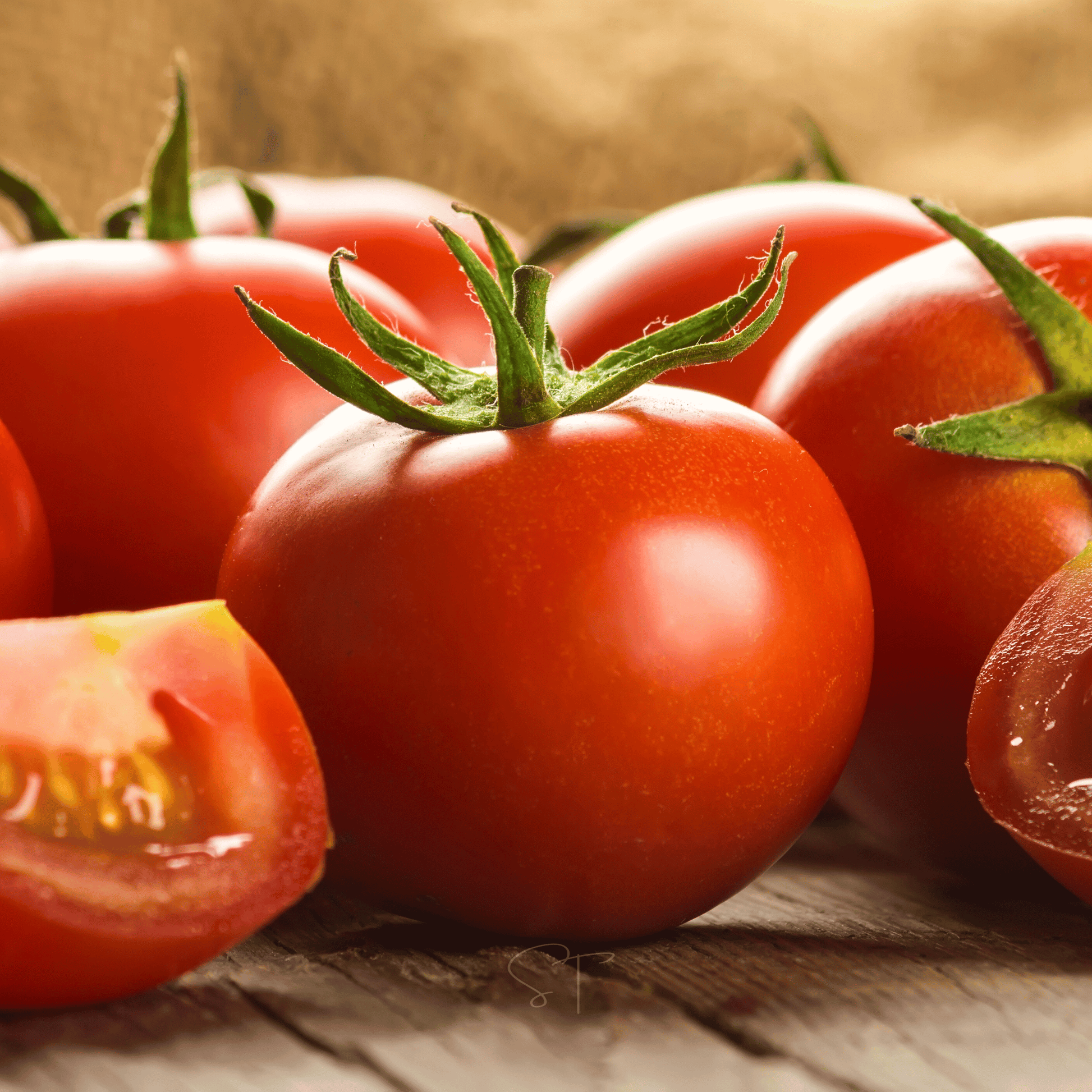 Fresh tomatoes with green stems on a rustic wooden surface