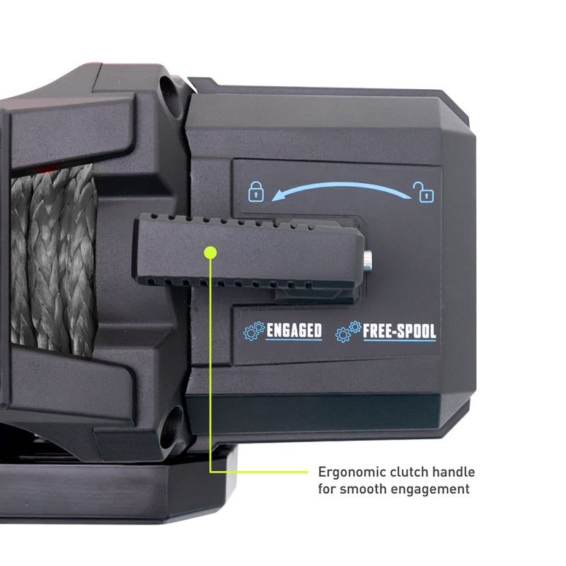 Close-up of a winch mechanism with labeled ergonomic clutch handle on a white background