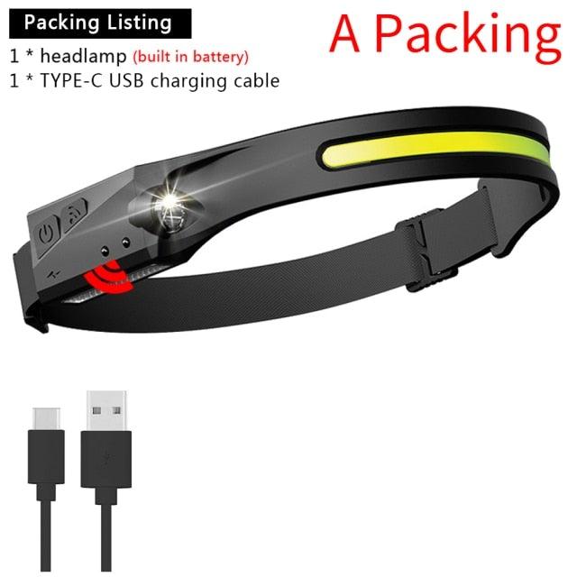 Adjustable Rechargeable LED Induction USB Headlamp  Lightweight Head Lamp Head Torch 5 Lighting Modes Flashlight   For Camping Hiking Running Outdoor Adults Kids