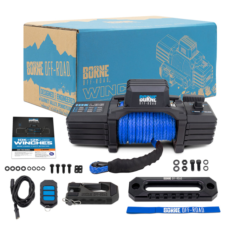 Borne Off-Road winch set with packaging and accessories on a white background