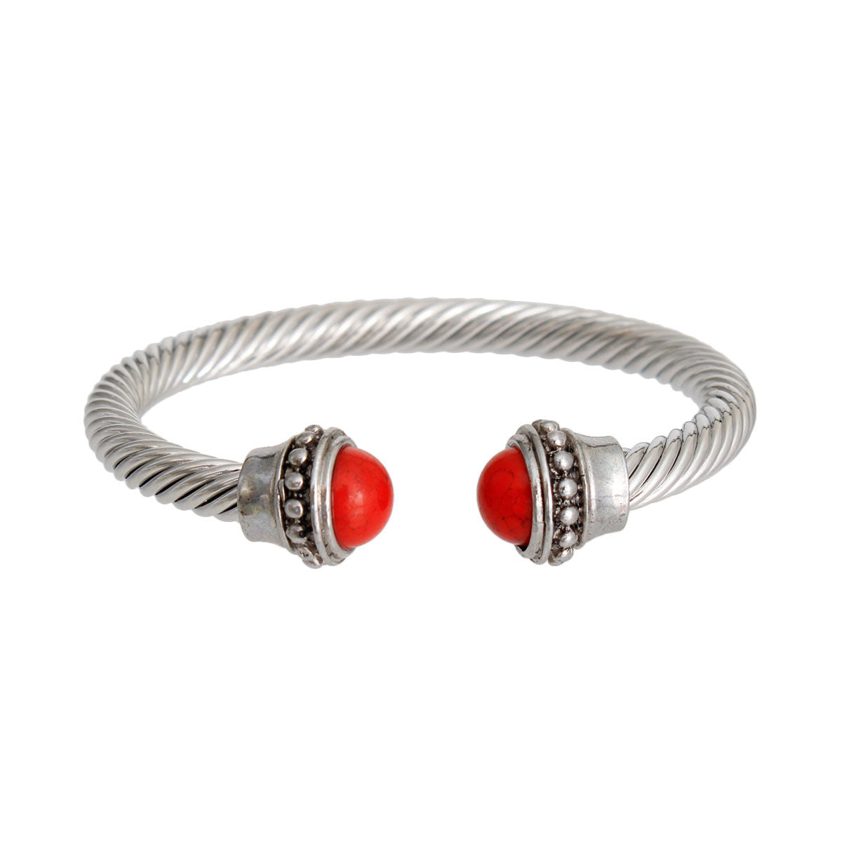 Red Bead Silver Stud Cable Bangle