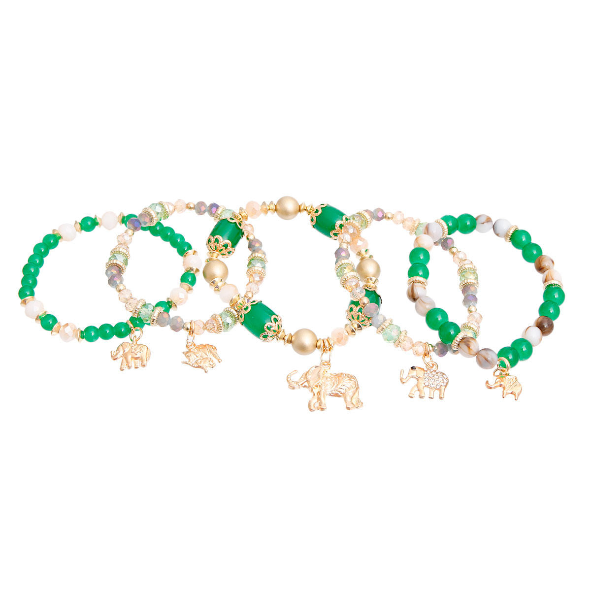 Green Beaded Elephant Charm 5 Bracelets