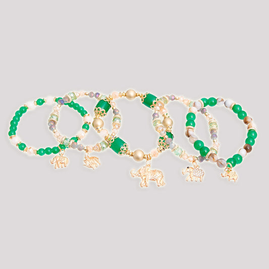 Green Beaded Elephant Charm 5 Bracelets