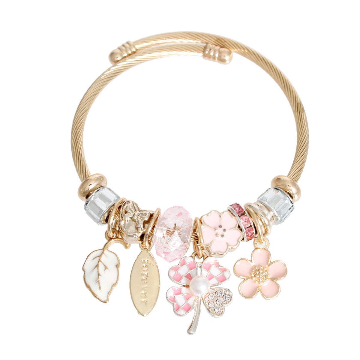 Gold Pink Clover Cable Bangle