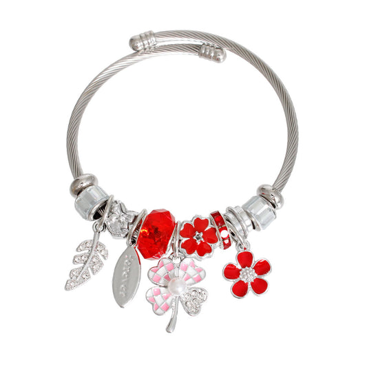 Silver Red Clover Cable Bangle
