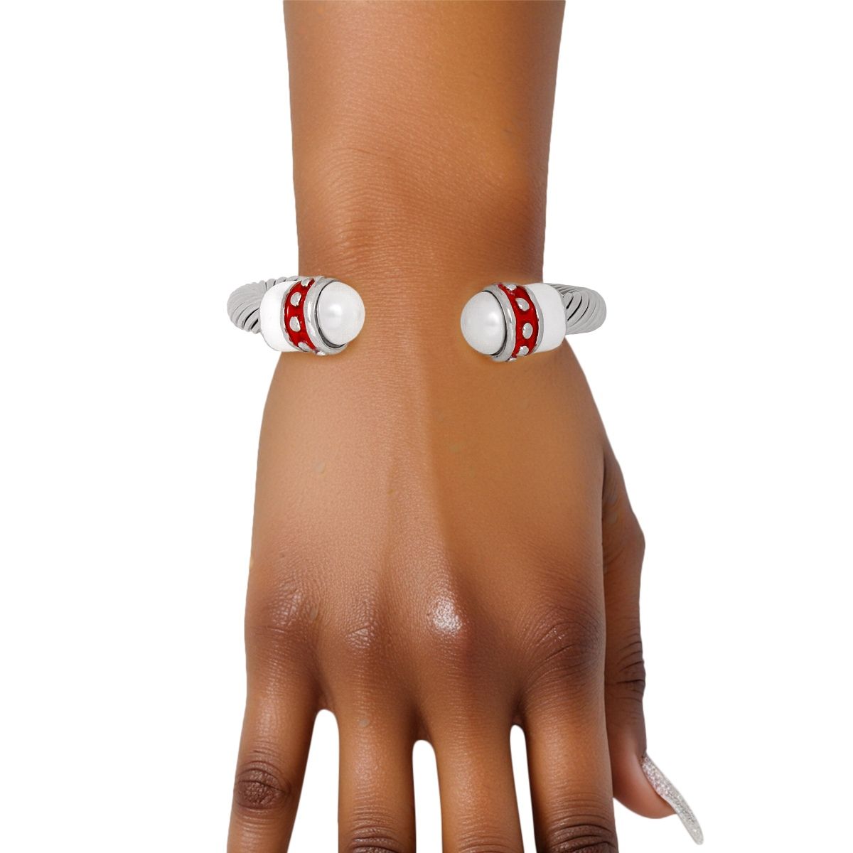 DST Red White Thick Cable Classic Silver Bangle