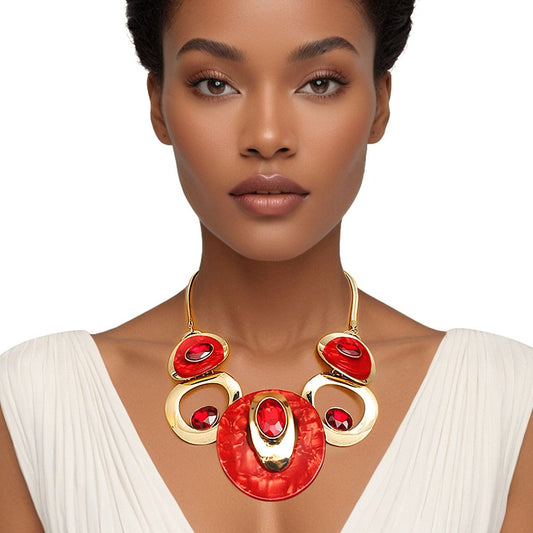 Necklace Gold Red Circular Bib for Women