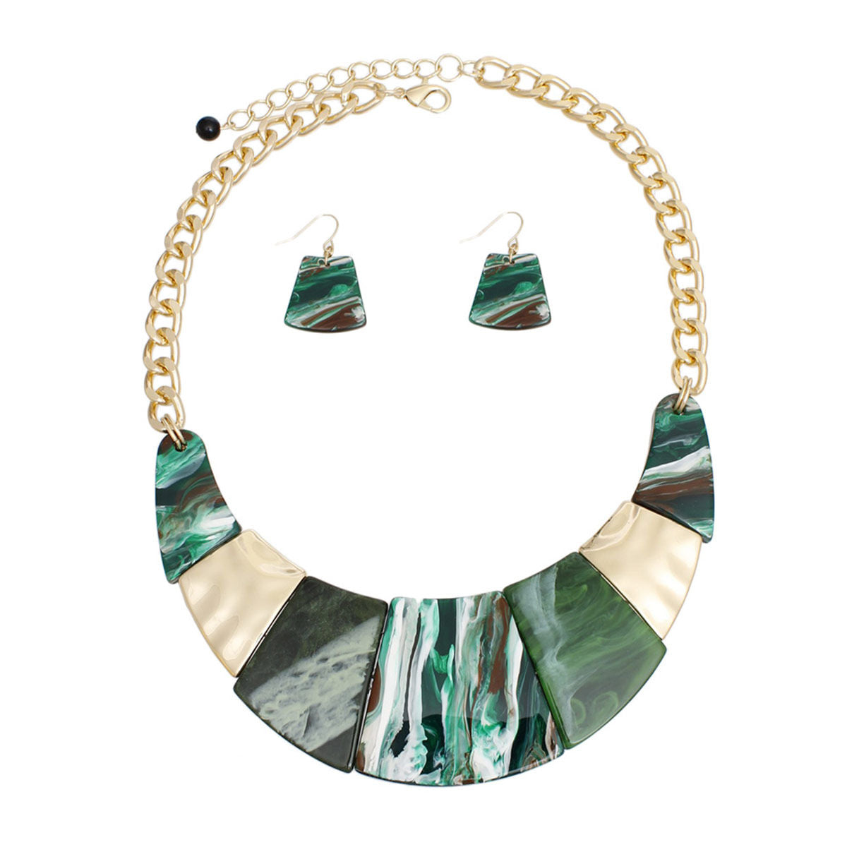 Necklace Marbled Green Bib and Chain for Women